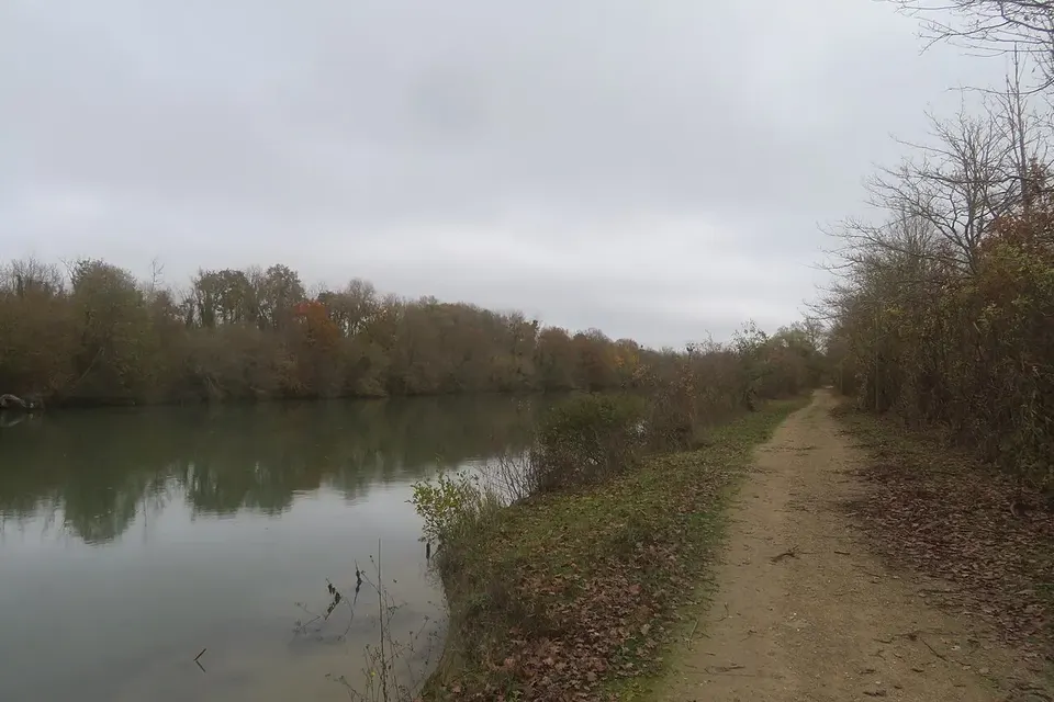 Chemin de terre longeant une rivière calme bordée d'arbres aux feuilles d'automne, sous un ciel gris